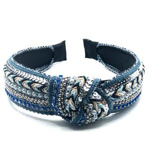 Blue Beaded Headband Crystal Pearl Knot Headbands Bohemian Headband for Women